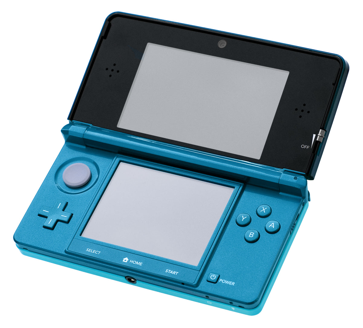 Original Nintendo 3DS in Aqua Blue, shown open from a slight angle, with the Circle Pad, D-pad, Home button and 3D depth slider visible