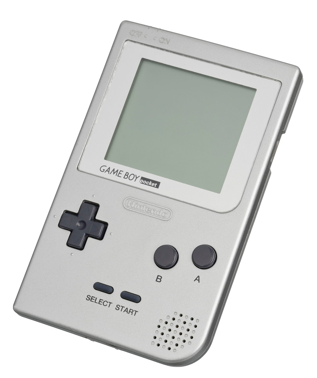 Silver Nintendo Game Boy Pocket, the first 1996 model with no power light, seen from the front on a white background with the screen off