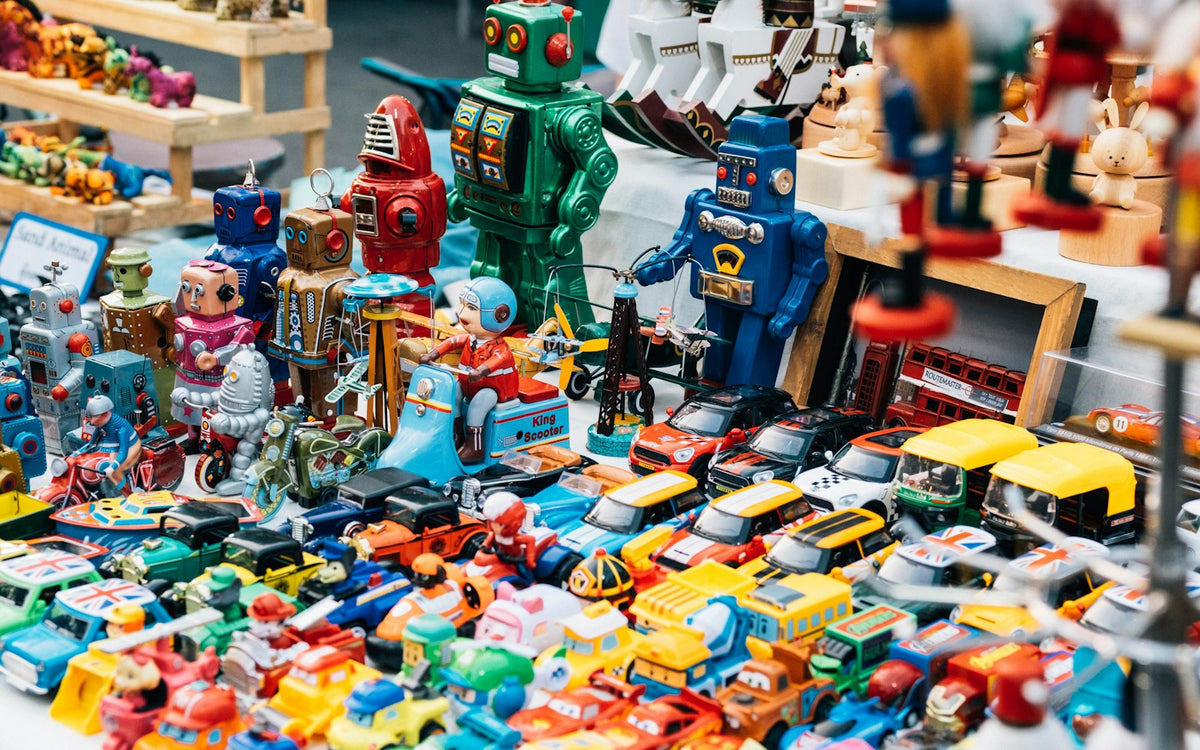 Assorted vintage toys on a table