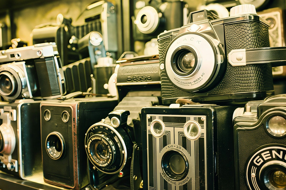 A shelf of vintage cameras from one collection